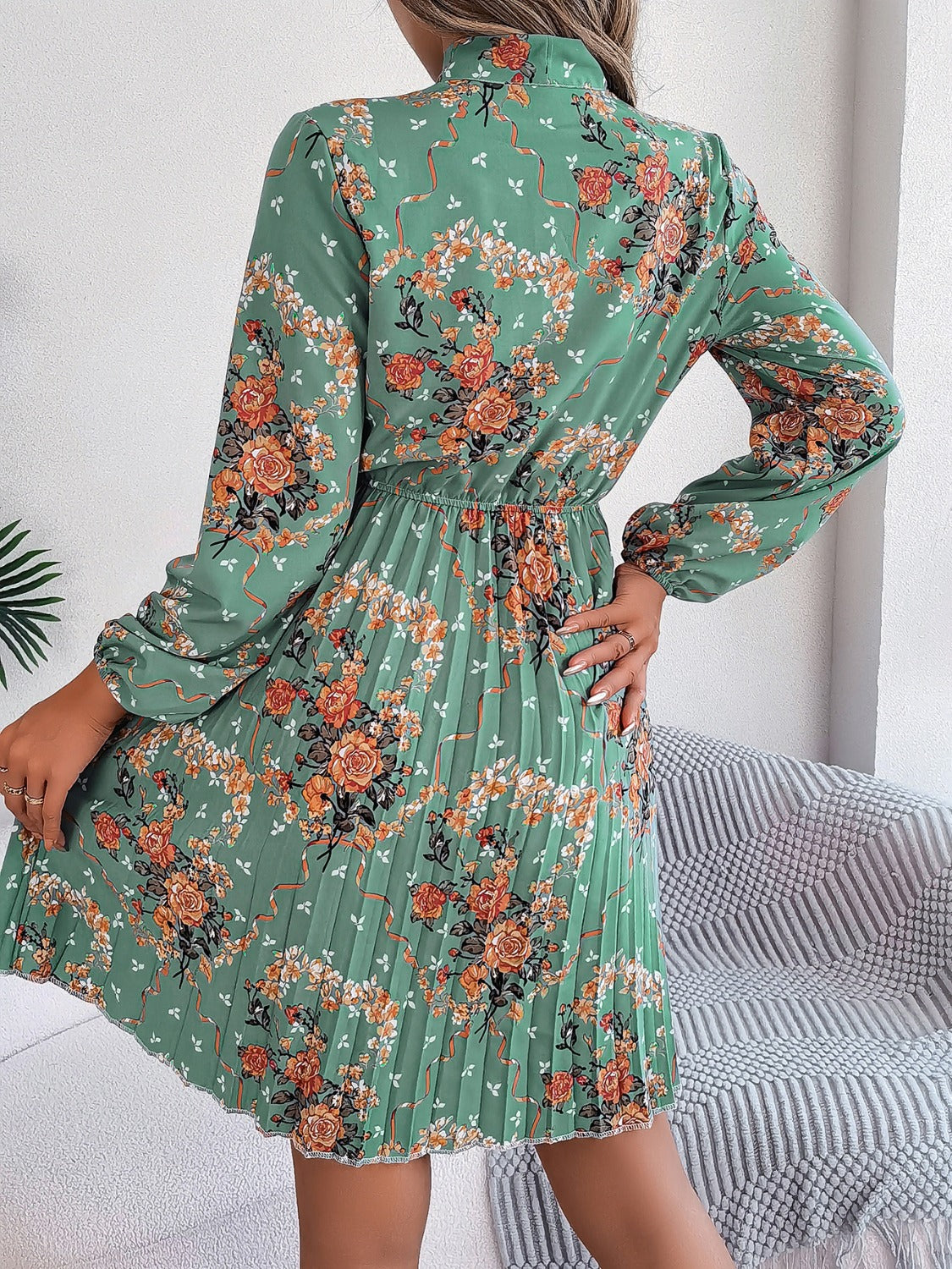 Pleated Printed-Tie Neck Long Sleeve Dress