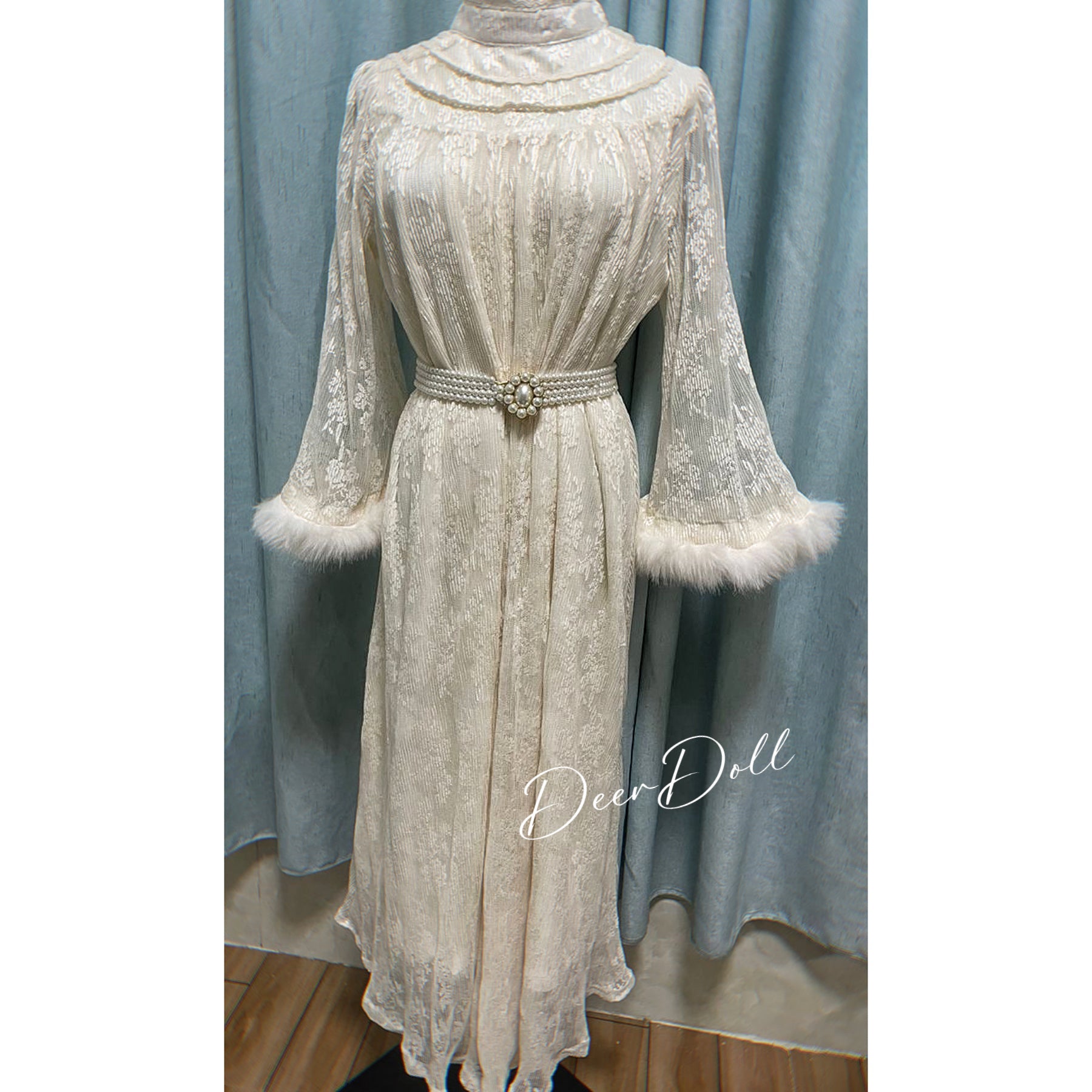 Magic Muse Faux Fur Lace Dress with Pearl Belt