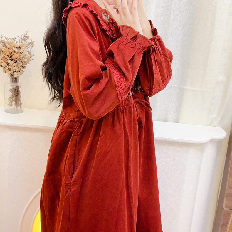Foxy Fall Cottagecore Dress with Embroidery