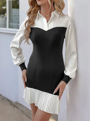 Two Tone Pleated Long Sleeve Shirt Dress