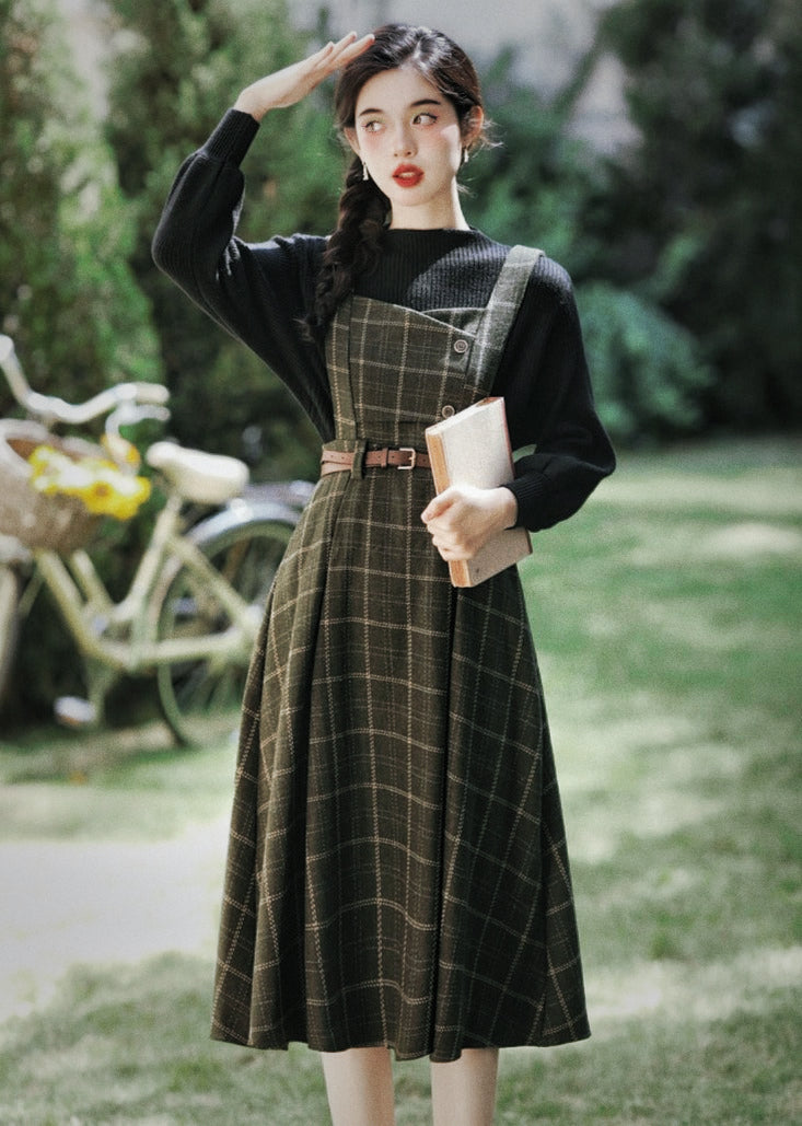 Conjunto de 2 piezas de vestido de lana a cuadros de la Academia oscura de Forest Witch
