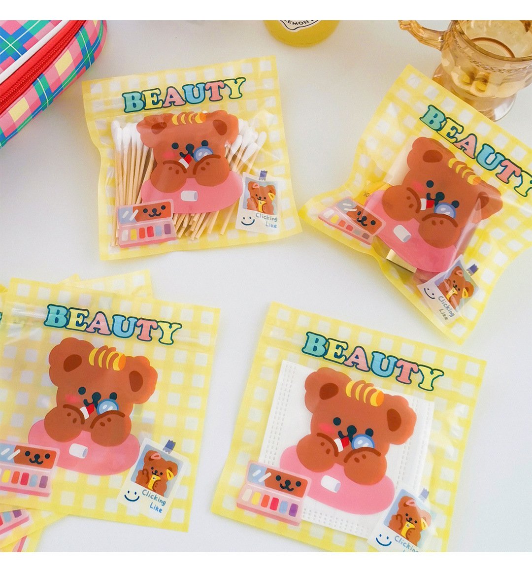 Bonjour Bear Plaid Ziplock Bags-5pcs