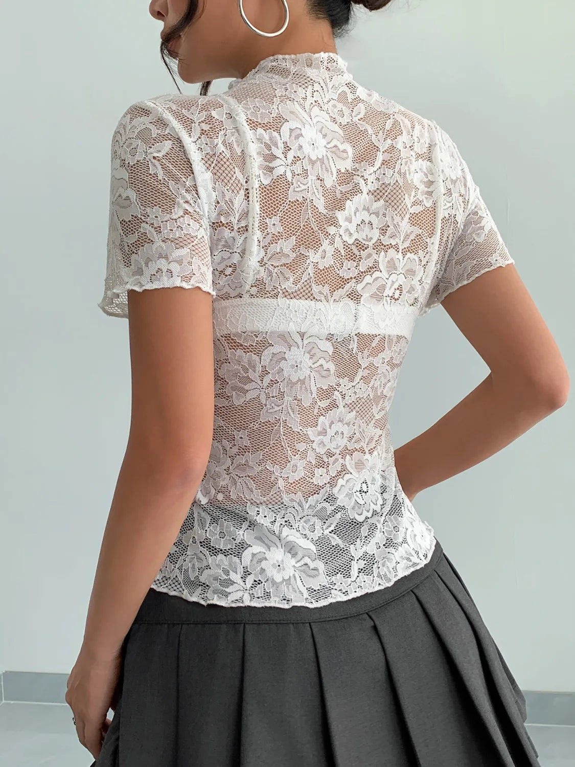 Lace Mock Neck Short Sleeve Top