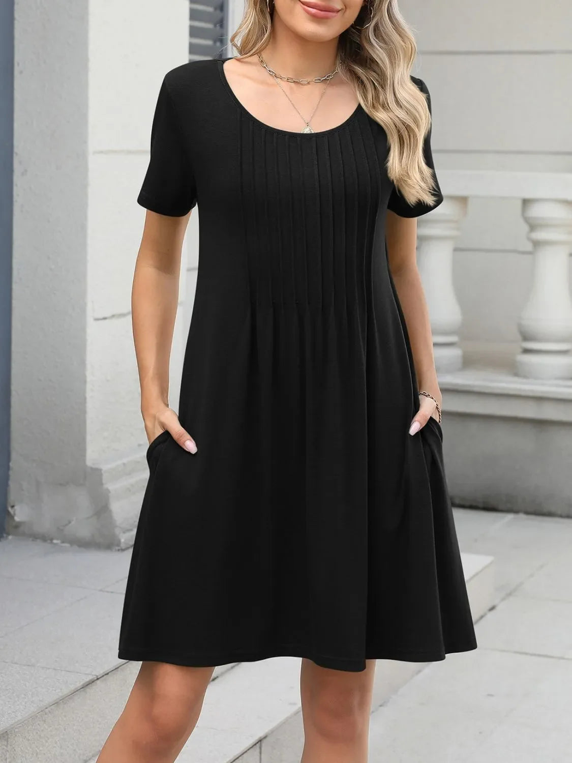 Pleated Front Round Neck Swing Dress