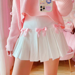 Kawaii Bow White Pleated Short Skirt