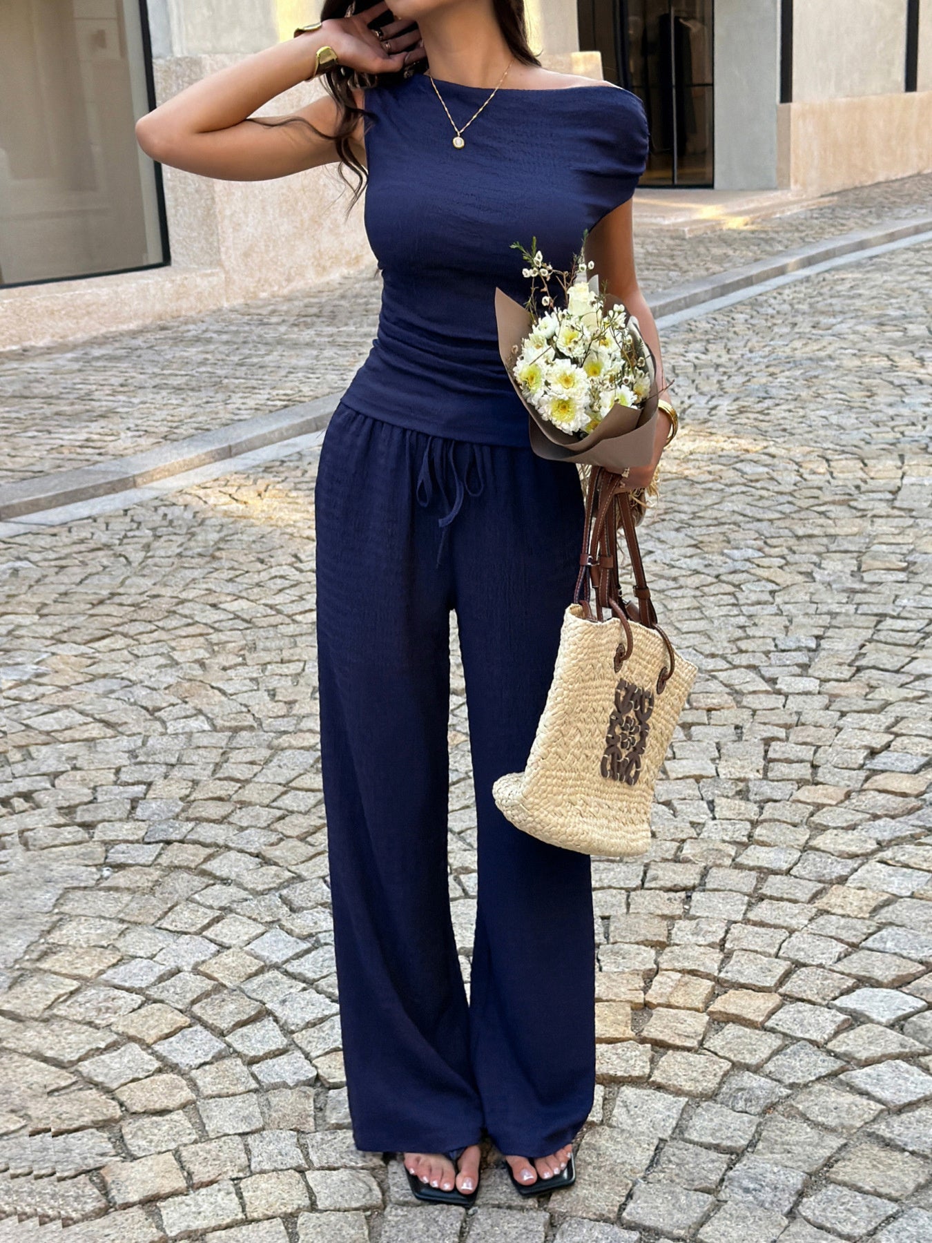 Asymmetrical Neck Top and Pants Set