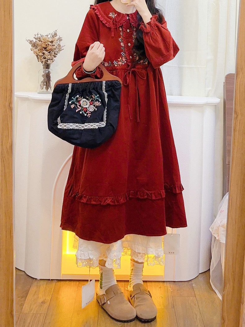 Foxy Fall Cottagecore Dress with Embroidery