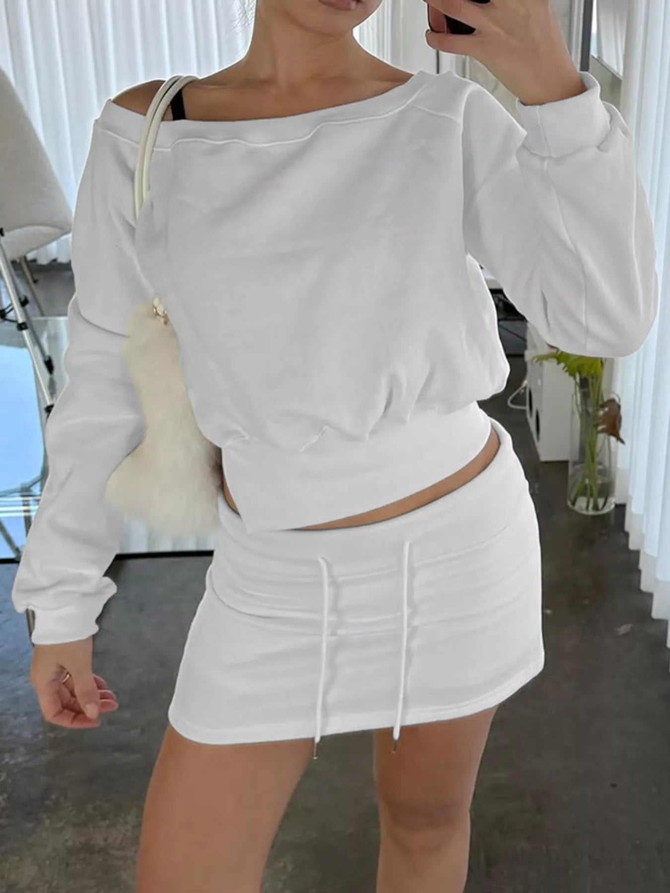 Boat Neck Sweatshirt and Mini Skirt Set