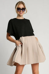 Full Size Round Neck Pleated Dress with Side Pockets Plus Size