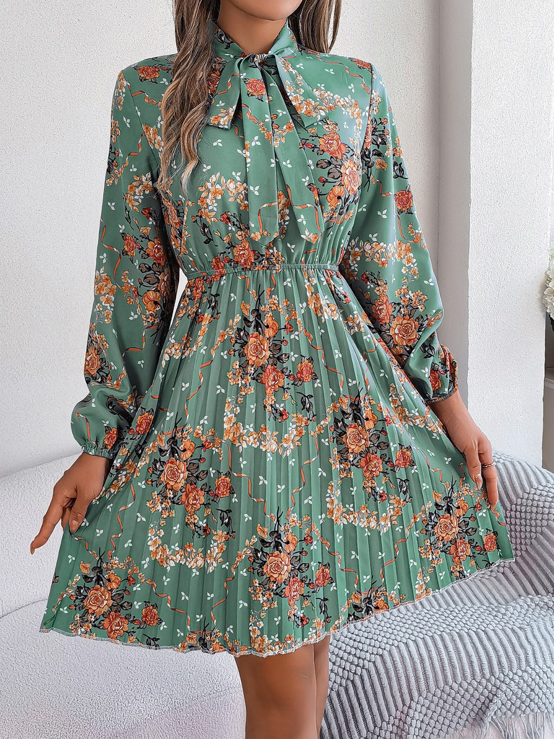 Pleated Printed-Tie Neck Long Sleeve Dress