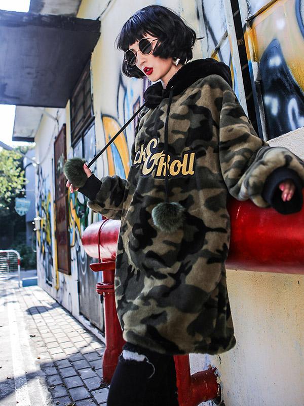 Camouflage Plush Casual Loose Hoodie