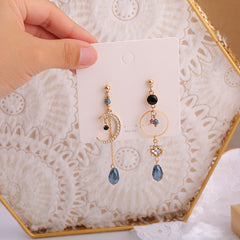 Blue Waterdrop Moon Asymmetric Earrings