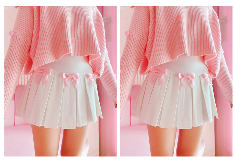 Kawaii Bow White Pleated Short Skirt