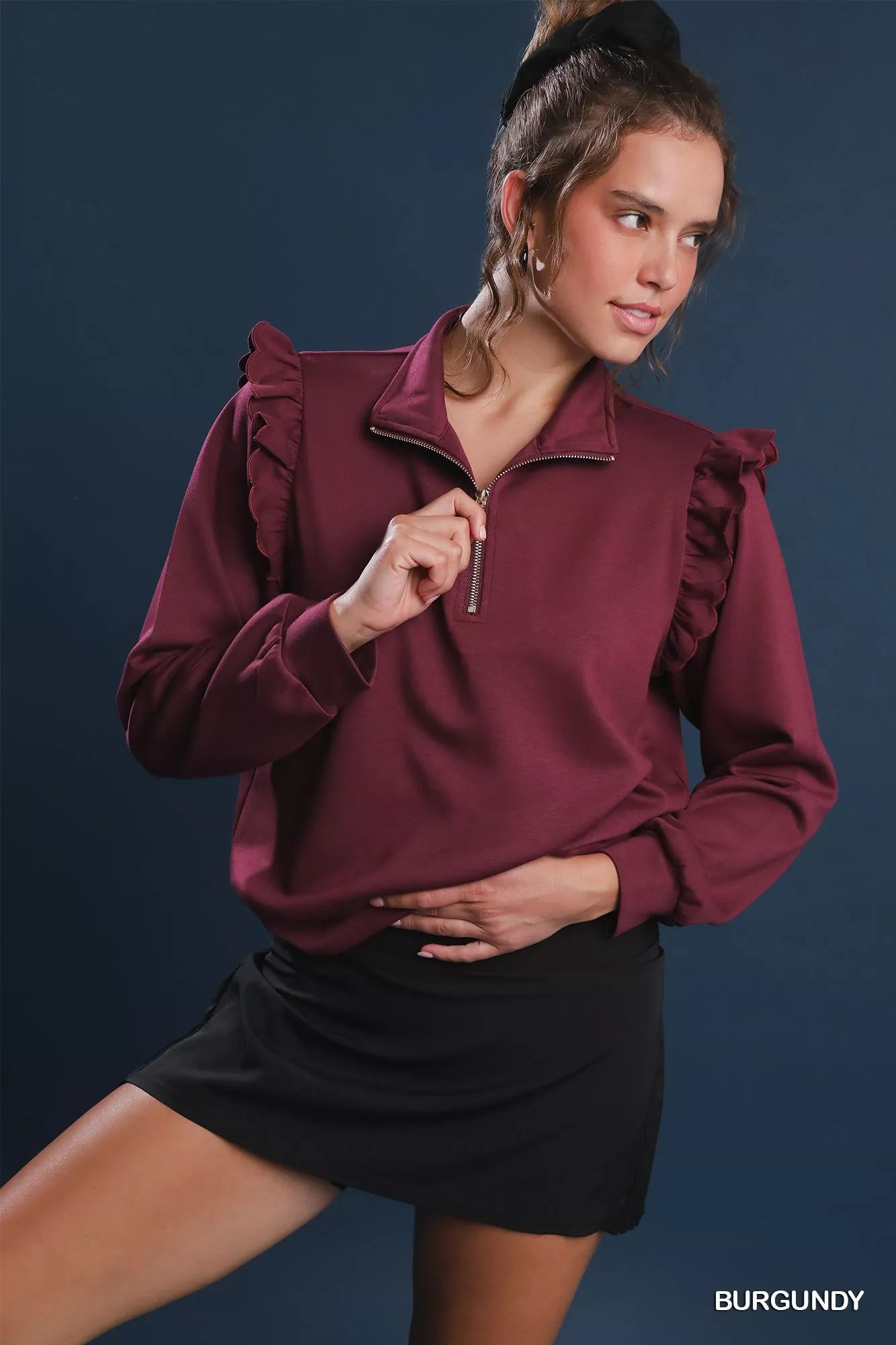 Ruffle Shoulder Quarter-Zip Sweatshirt