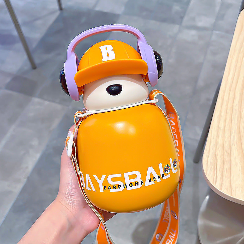 Kawaii Cartoon Headphone Bear Insulated Straw Bottle