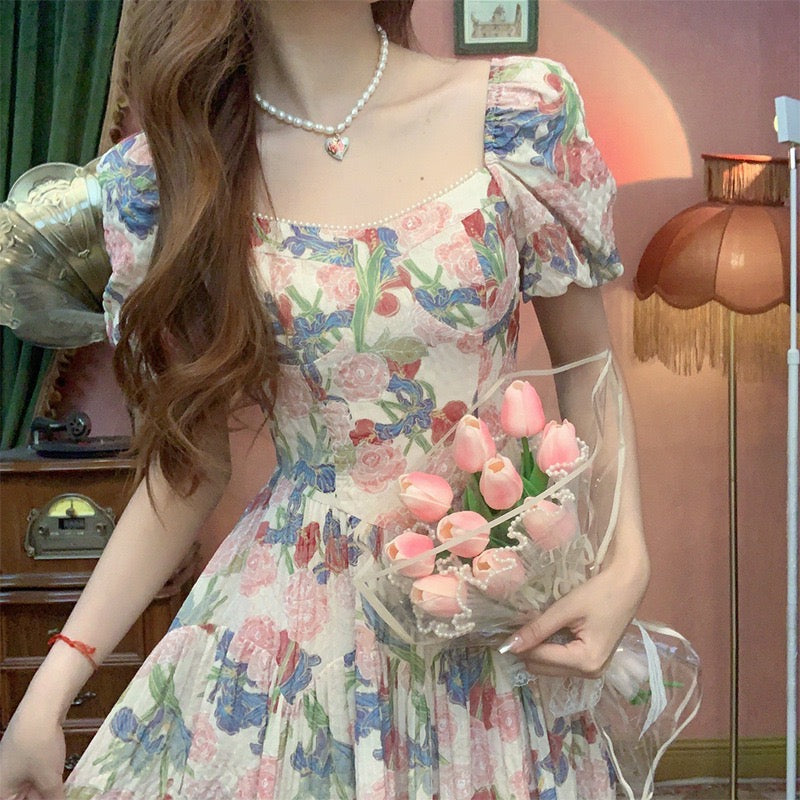 Dalila Floral Pearl Decorated Vintage-Inspired Dress