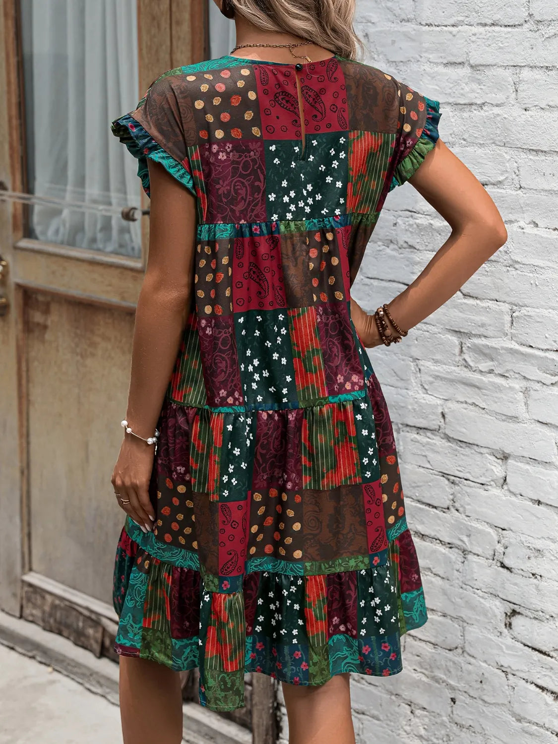 Color Block Print Short Sleeve Mini Dress