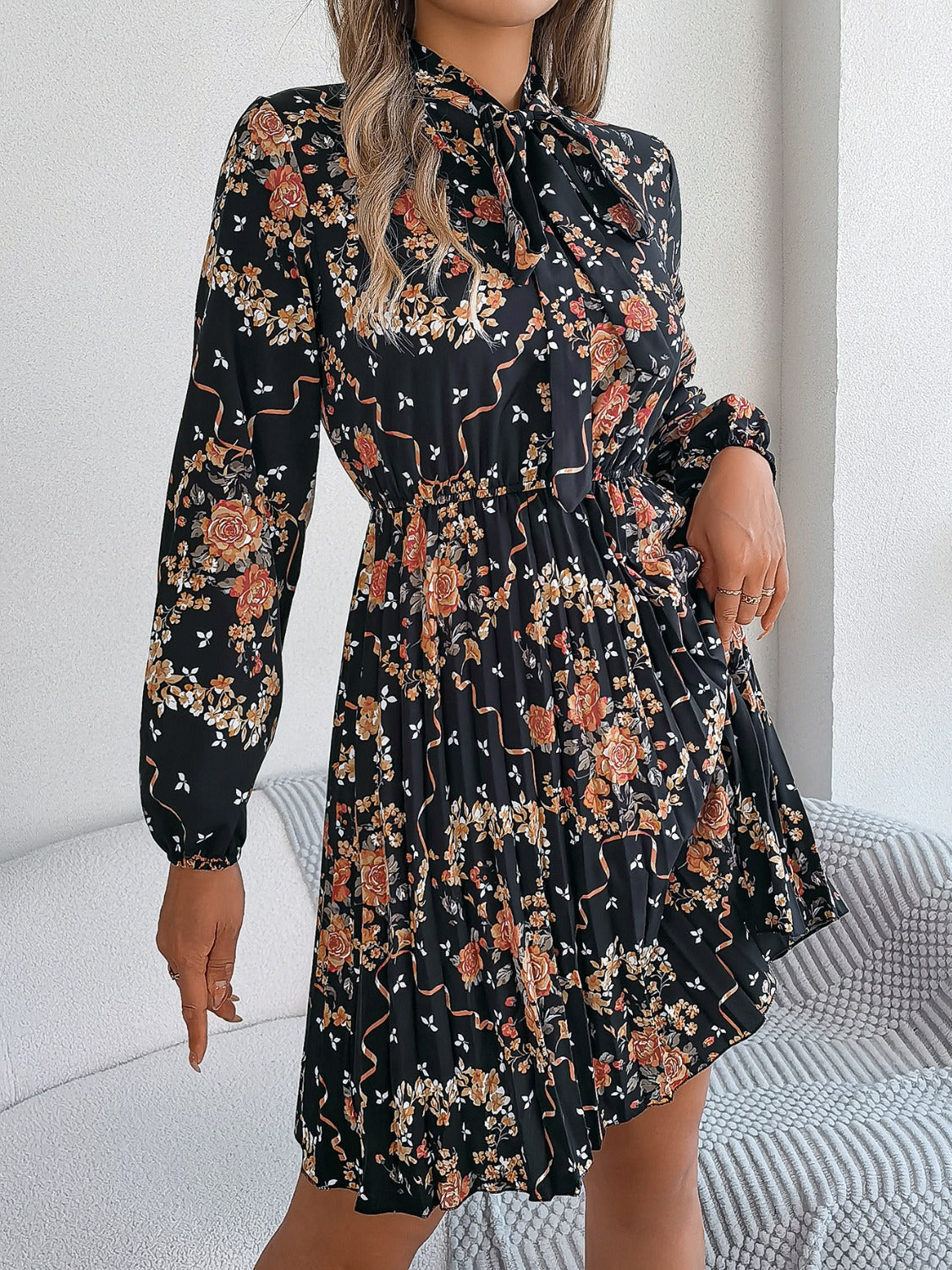 Pleated Printed-Tie Neck Long Sleeve Dress