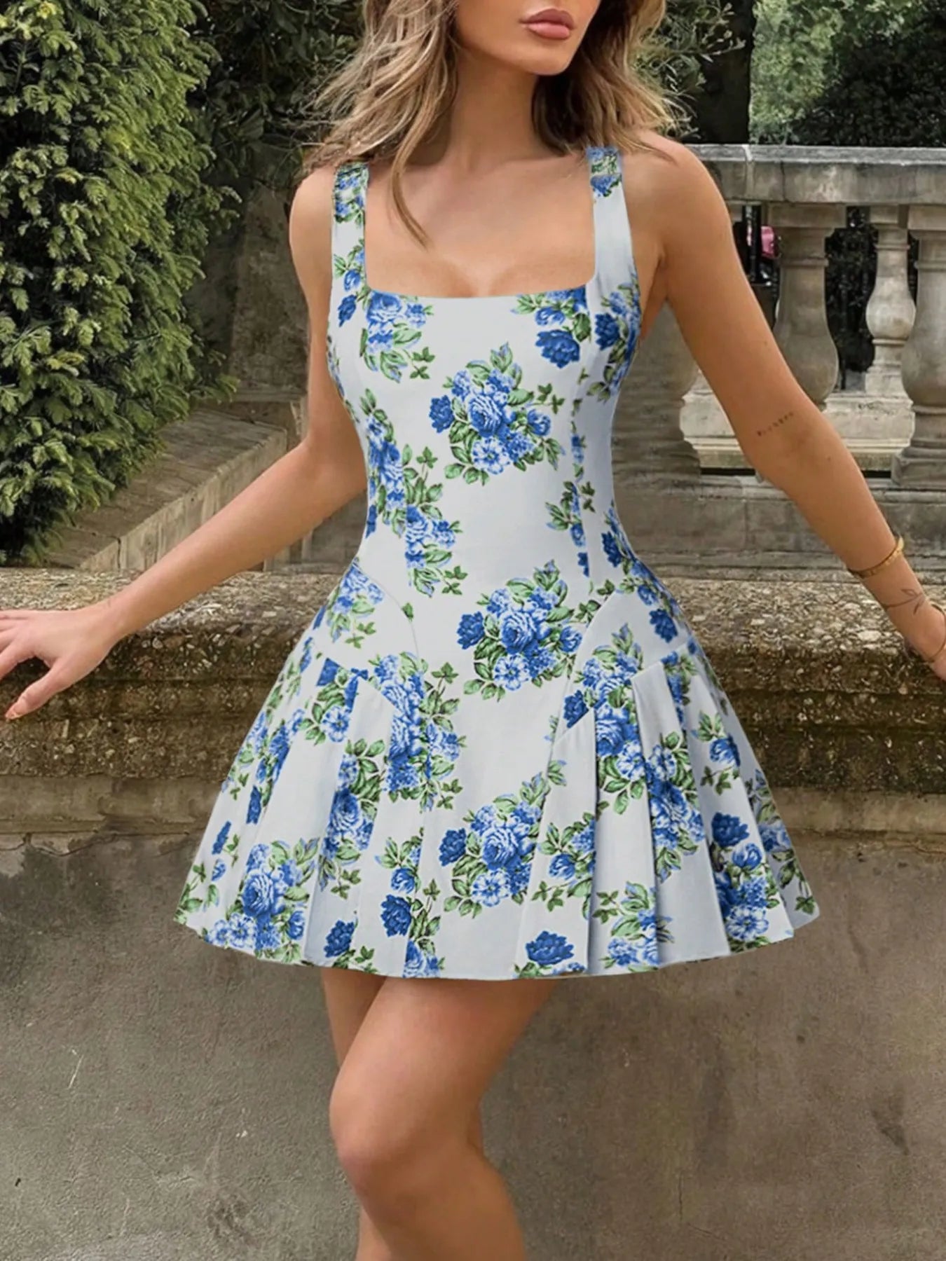 Floral Square Neck Mini Dress