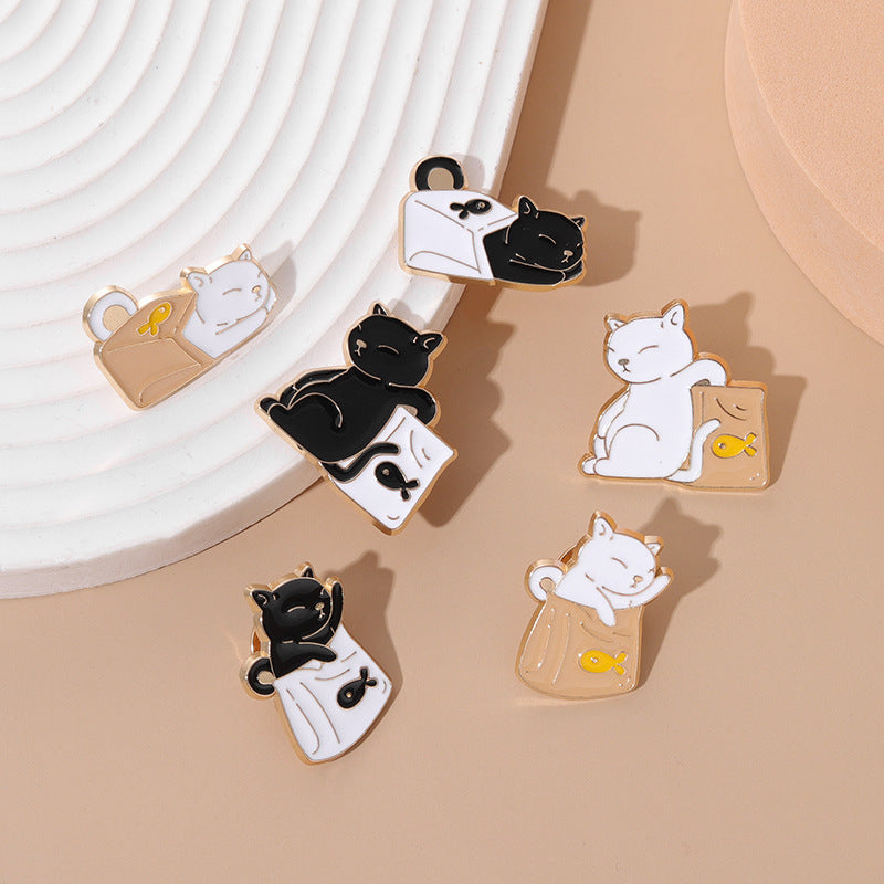 Cute Black and White Paper Bag Cat Pins