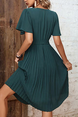 Buttoned V-Neck Flutter Short Sleeve Mini Dress