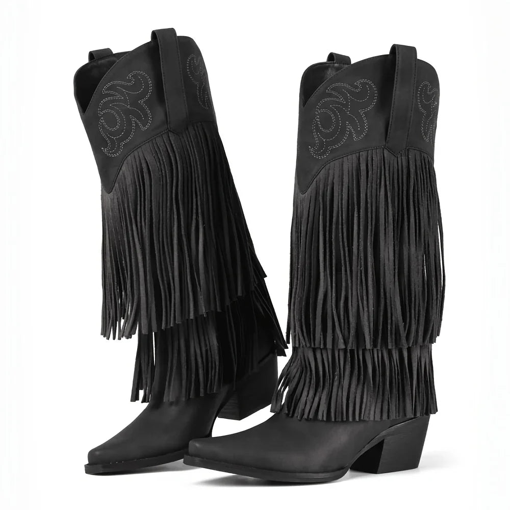 Women Knee High Embroider Fringe Pointed Toe Cowboy Boots