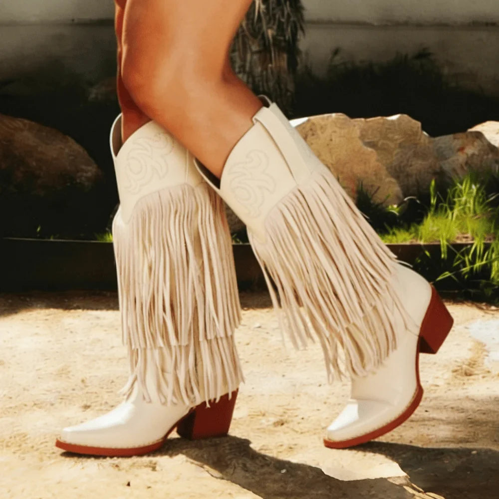 Women Knee High Embroider Fringe Pointed Toe Cowboy Boots