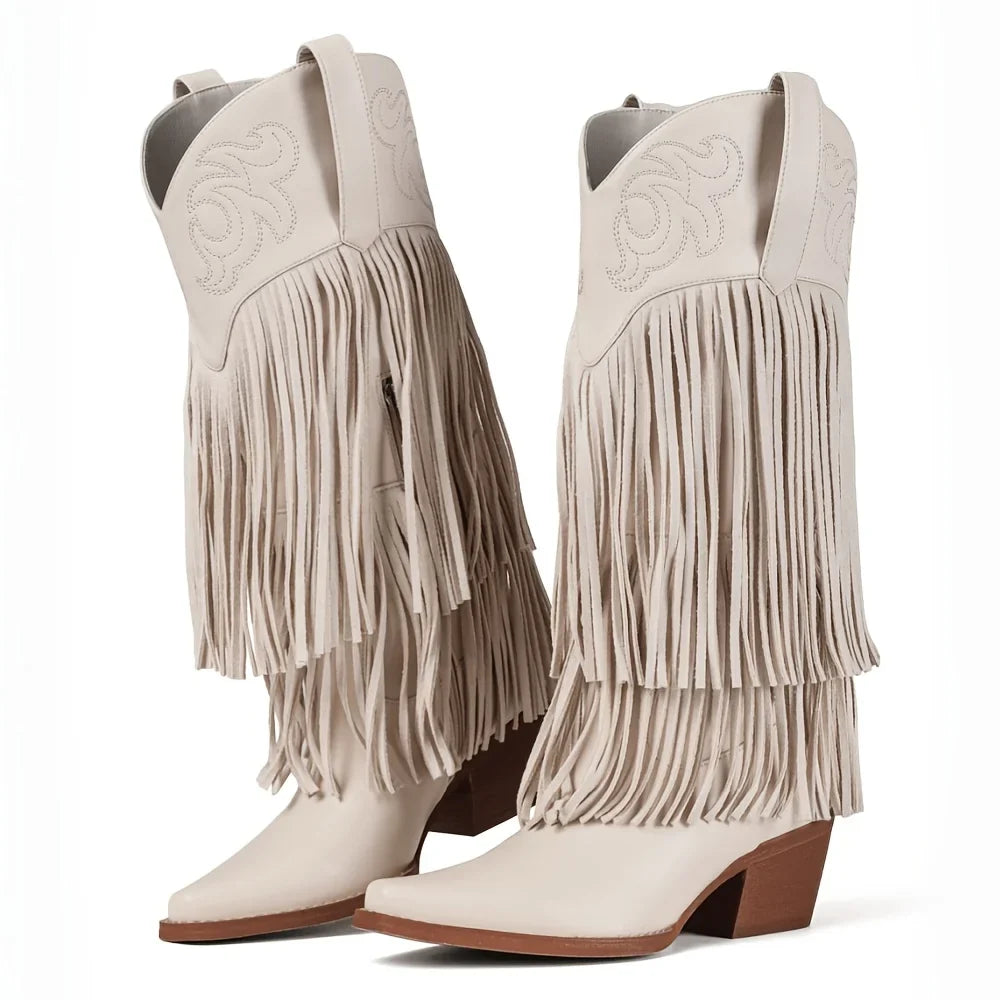 Women Knee High Embroider Fringe Pointed Toe Cowboy Boots