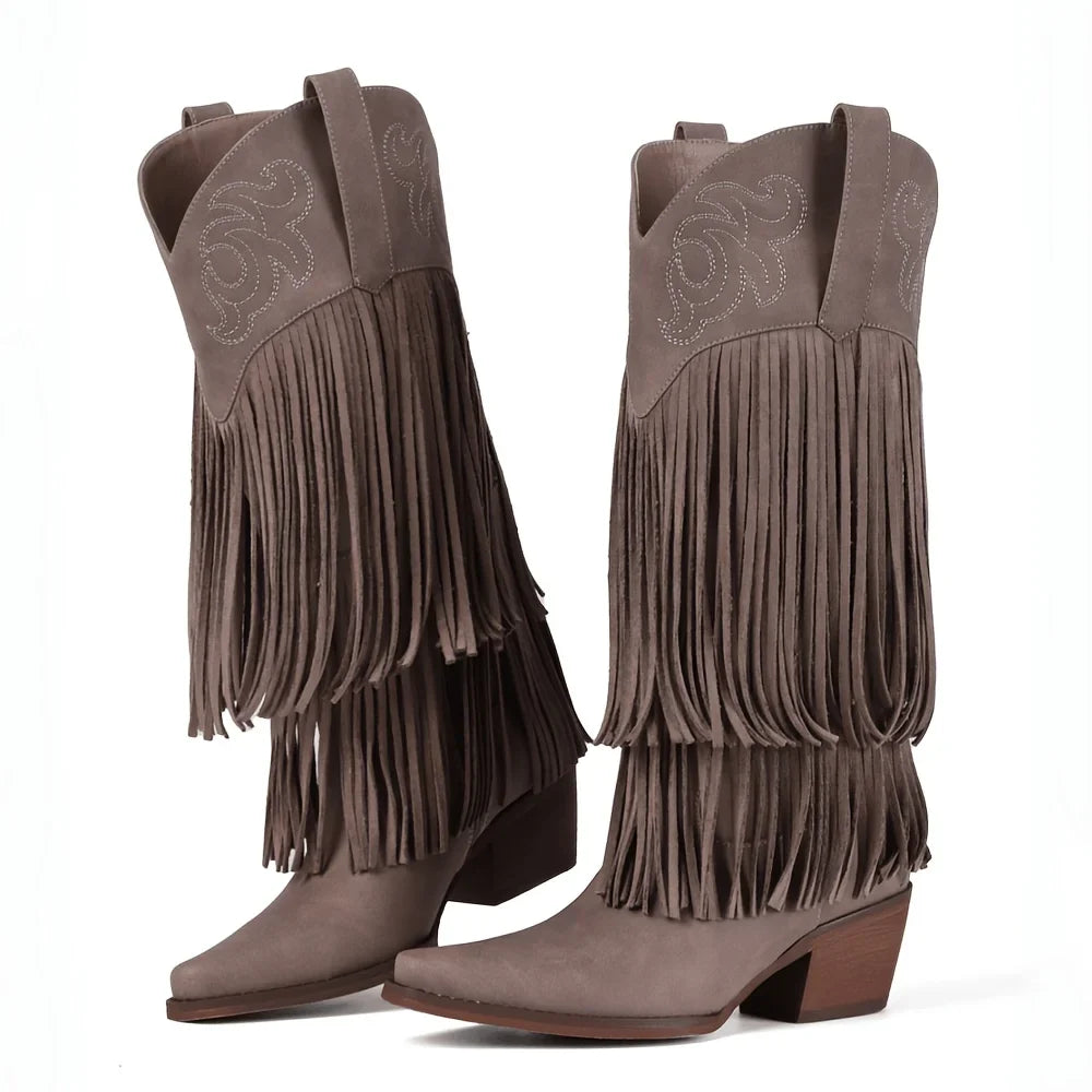 Women Knee High Embroider Fringe Pointed Toe Cowboy Boots