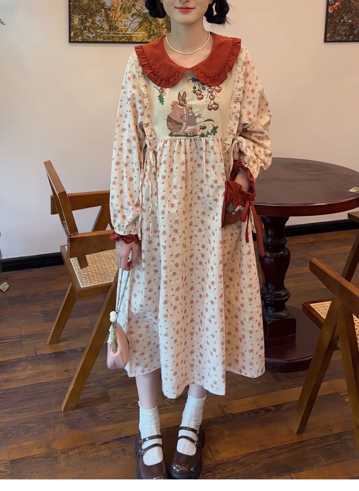 Rabbit's Strawberry Garden Cottagecore Goblincore Dress with Embroidery