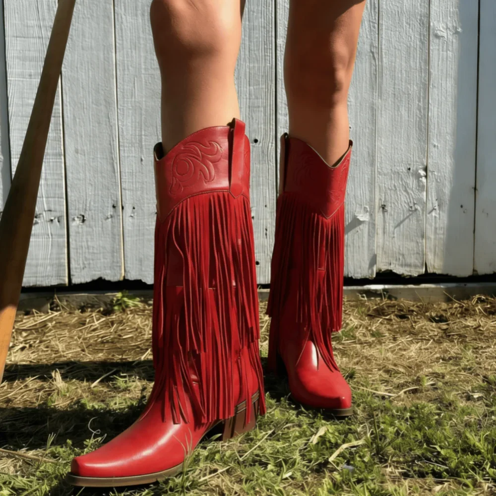 Women Knee High Embroider Fringe Pointed Toe Cowboy Boots