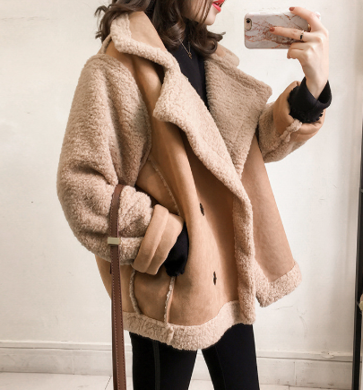 Curly Fur Buttons Beige Black Brown Jacket