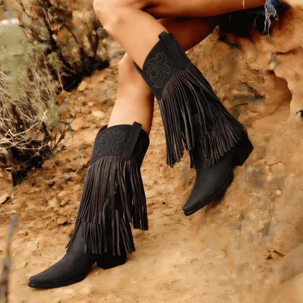 Women Knee High Embroider Fringe Pointed Toe Cowboy Boots