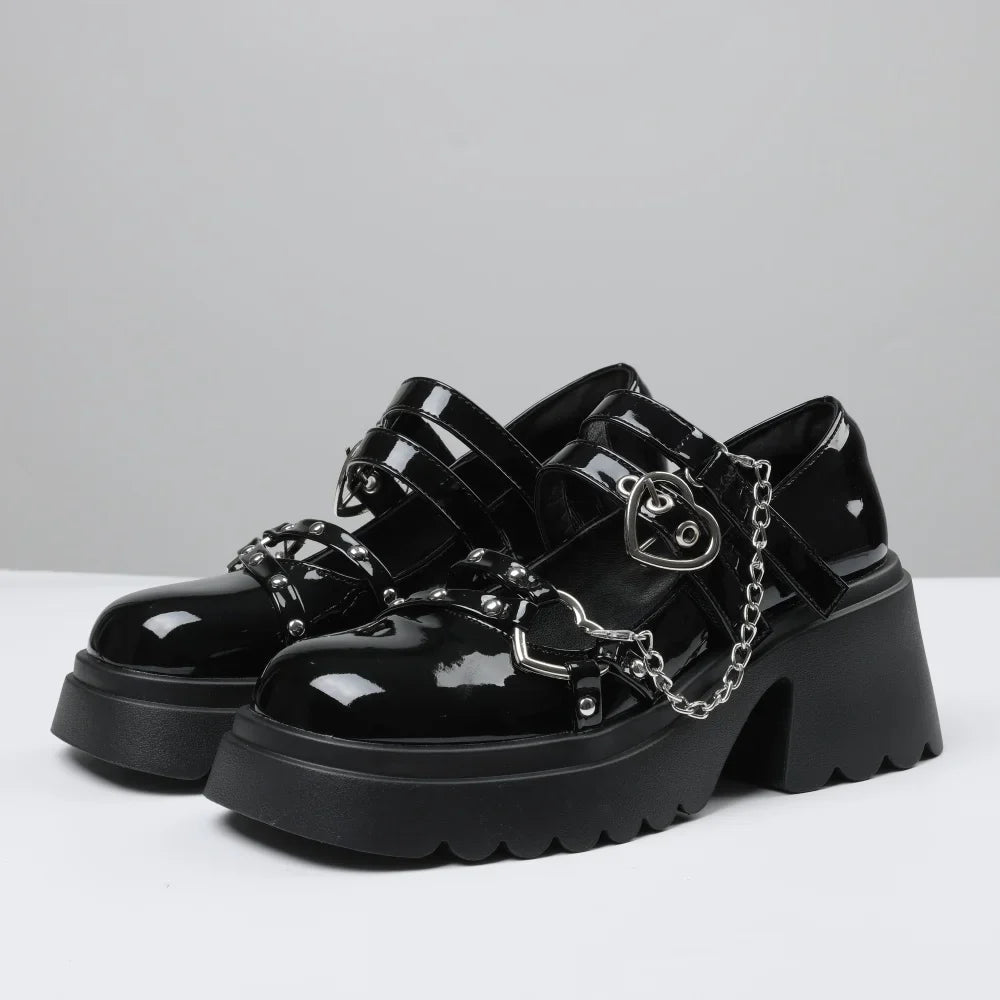 Gothic Style Black Platform Mary Jane Rubber Sole Shoes