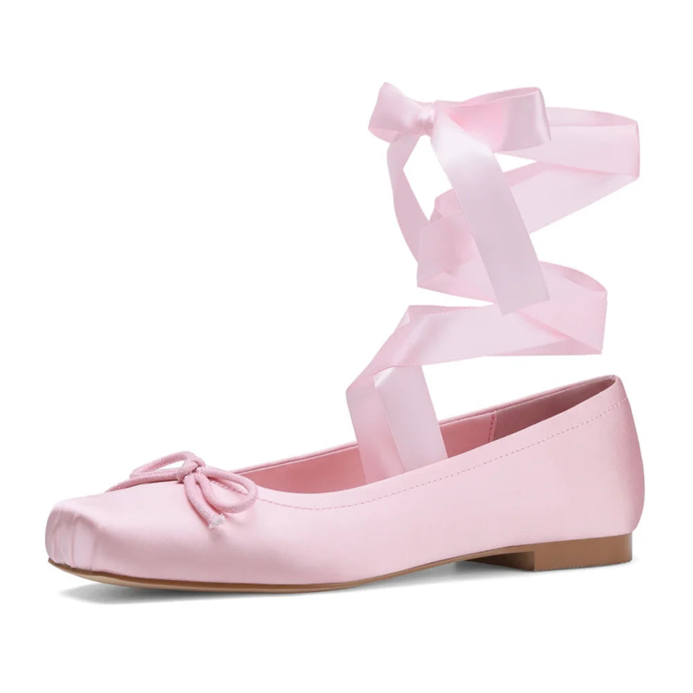 Square Toe Ballet Flats For Women Dressy Soft Bowknot Lace-Up Dress Shoes