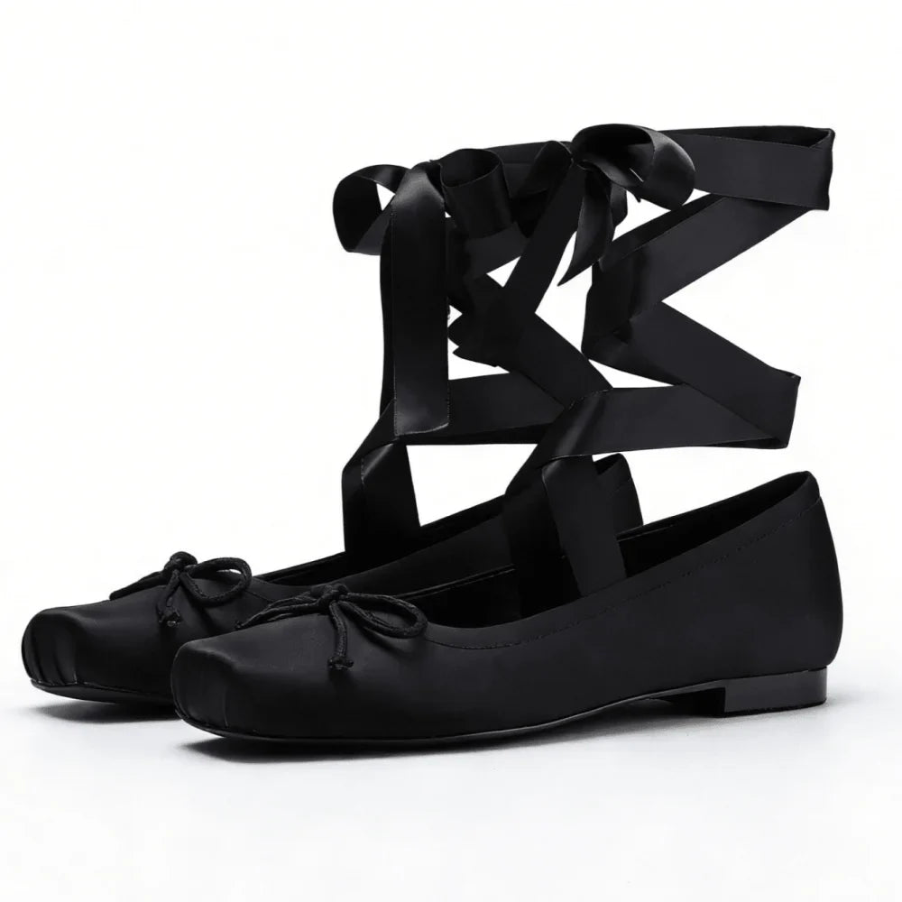 Square Toe Ballet Flats For Women Dressy Soft Bowknot Lace-Up Dress Shoes