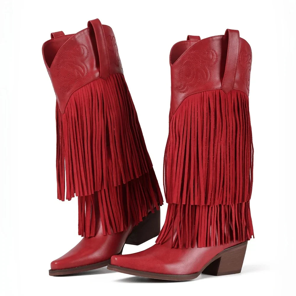Women Knee High Embroider Fringe Pointed Toe Cowboy Boots