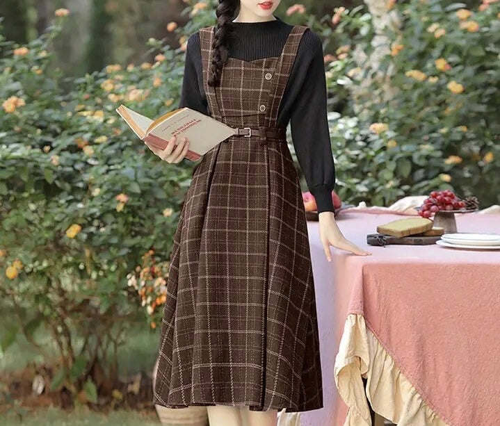 Conjunto de 2 piezas de vestido de lana a cuadros de la Academia oscura de Forest Witch