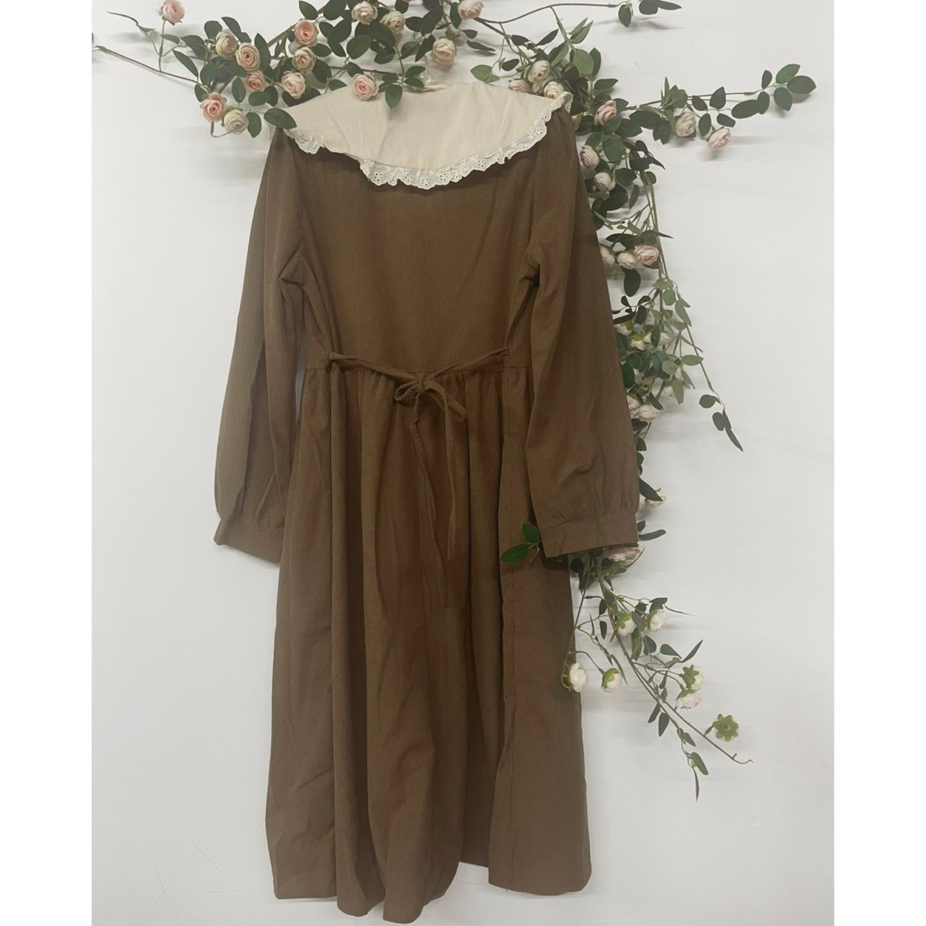 Forest Flower Corduroy Cottagecore Dress with Embroidery