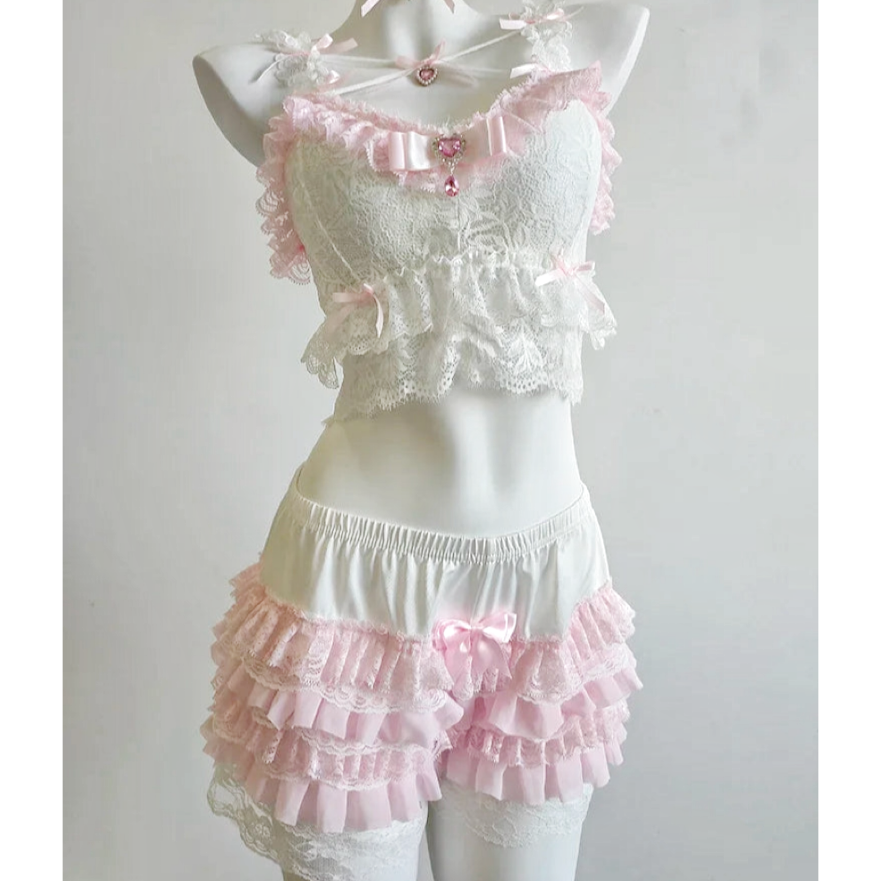 Ruffle Crystal Coquette Crop Top with Pink Crystal Heart Charm