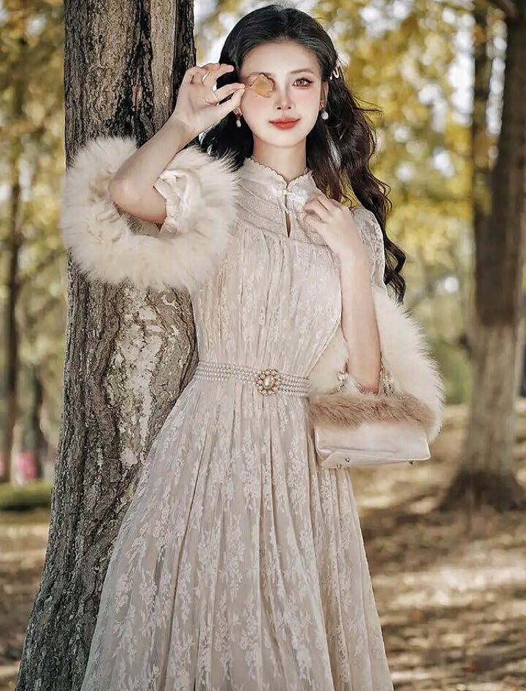 Magic Muse Faux Fur Lace Dress with Pearl Belt