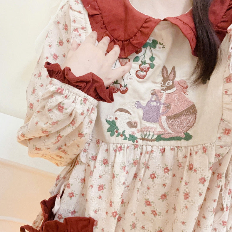 Rabbit's Strawberry Garden Cottagecore Goblincore Dress with Embroidery