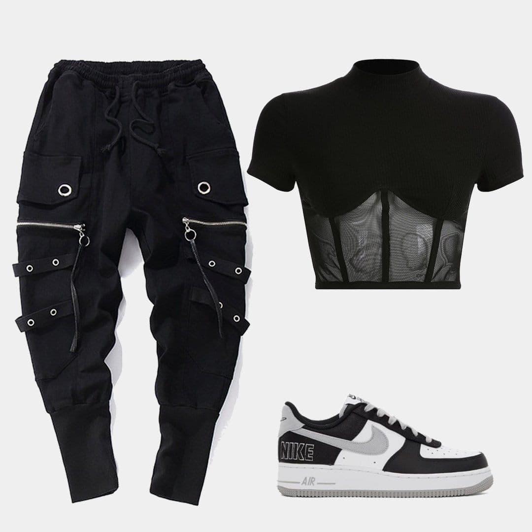 Slim Patchwork Black Mesh Crop Short Sleeve T-shirt