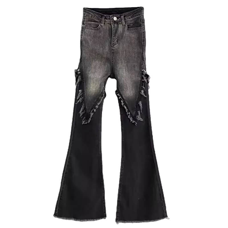 Black Flared Denim Asymmetric Dark Half Knee Jeans Back