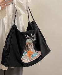 Boutique Black Embroidery Large Capacity Canvas Satchel Bags SX1006