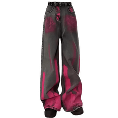 Bright Pink Emo Panting Gray Denim Women Jeans