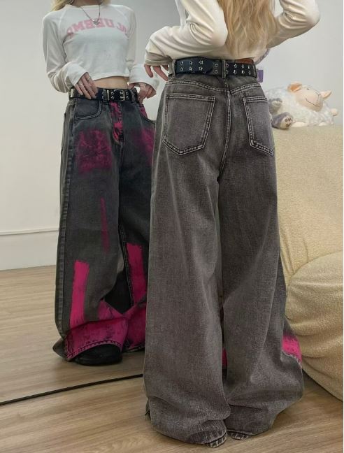 Bright Pink Emo Panting Gray Denim Women Jeans