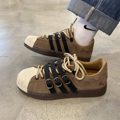 Brown Weirdcore Aesthetic Leather Straps Sneaker Boots