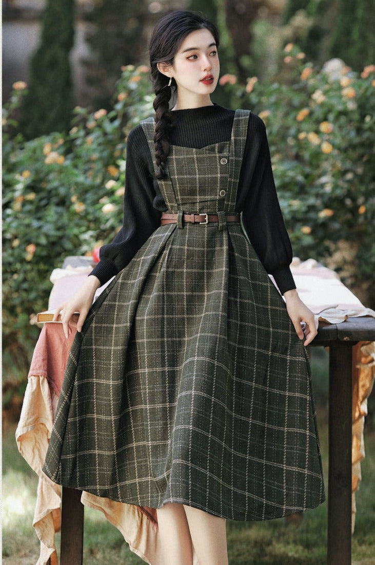 Conjunto de 2 piezas de vestido de lana a cuadros de la Academia oscura de Forest Witch