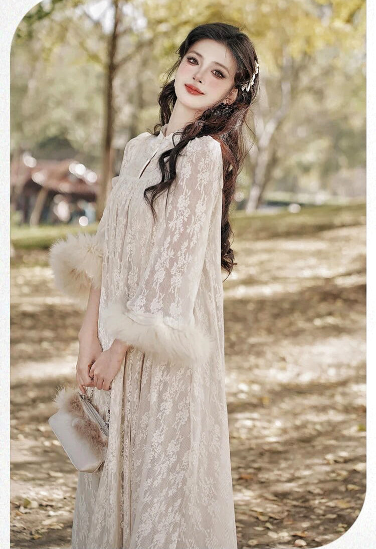 Magic Muse Faux Fur Lace Dress with Pearl Belt